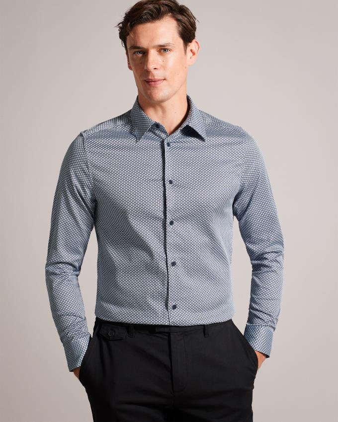 Chemises Ted Baker Long Sleeve Geometric Bleu Marine Homme | LKZ-05642562